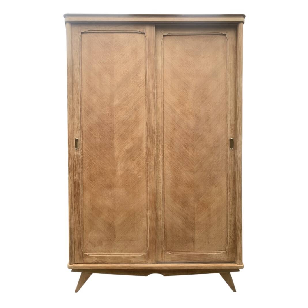 Vintage wardrobe with compass legs in raw wood, sliding doors, 1960s