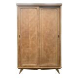Vintage wardrobe with compass legs in raw wood, sliding doors, 1960s