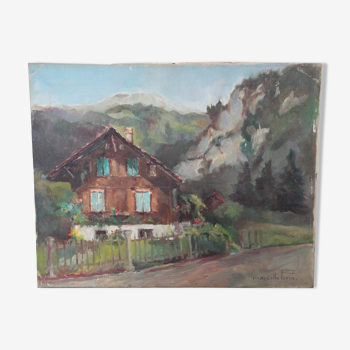 Chalet dans la montagne, tableau HST 40 x 50