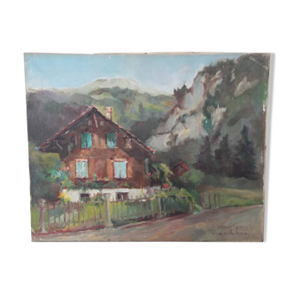 Chalet dans la montagne, tableau HST 40 x 50