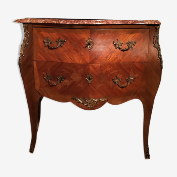 Commode style Louis XV marqueterie de bois de rose double tiroir