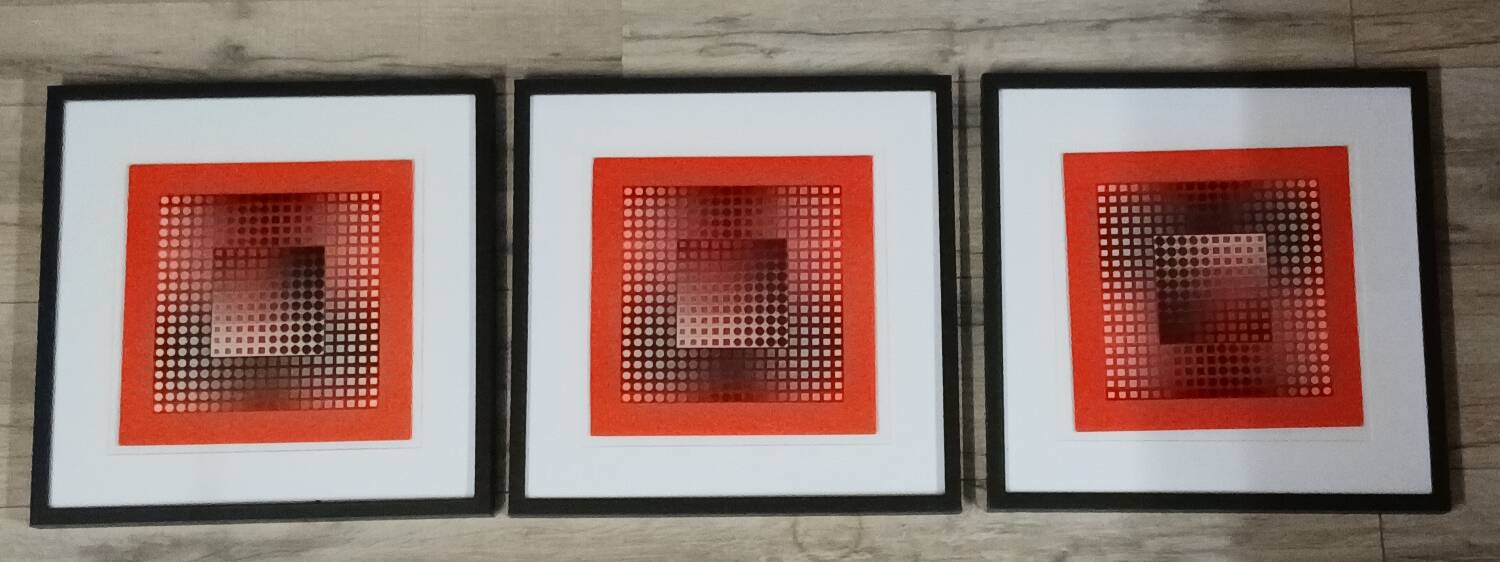Trio Vintage Optical Art Tableaux - Victor Vasarely - Frames 40x40cm