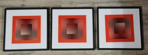 Trio Tableaux Vintage Art Optique - Victor Vasarely - Cadres 40x40cm