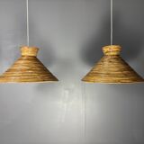 Midcentury pair pencil rattan large ( 62 cm ) pendants, Italy 1970s