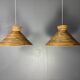 Midcentury pair pencil rattan large ( 62 cm ) pendants, Italy 1970s