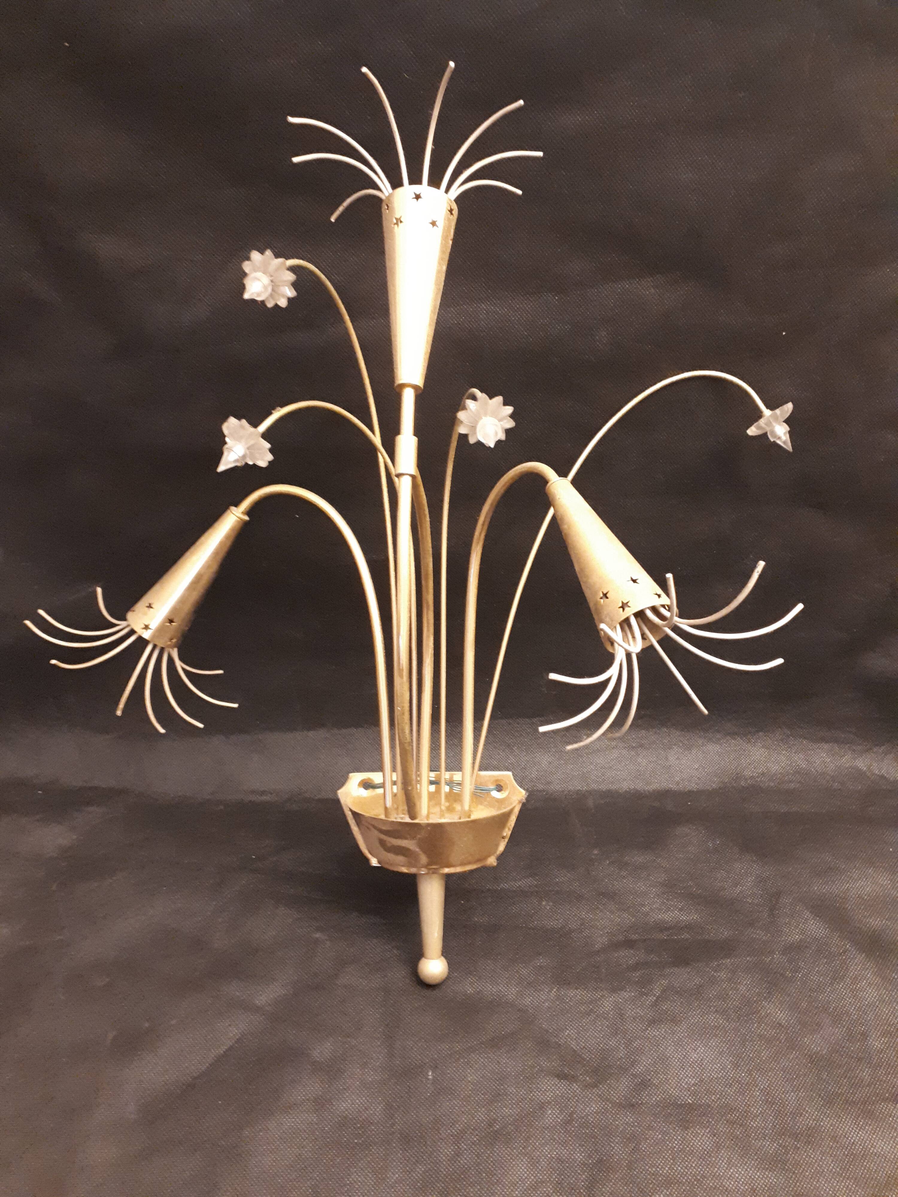 Pair sconces metal dore décor stars Lunel vintage 1950