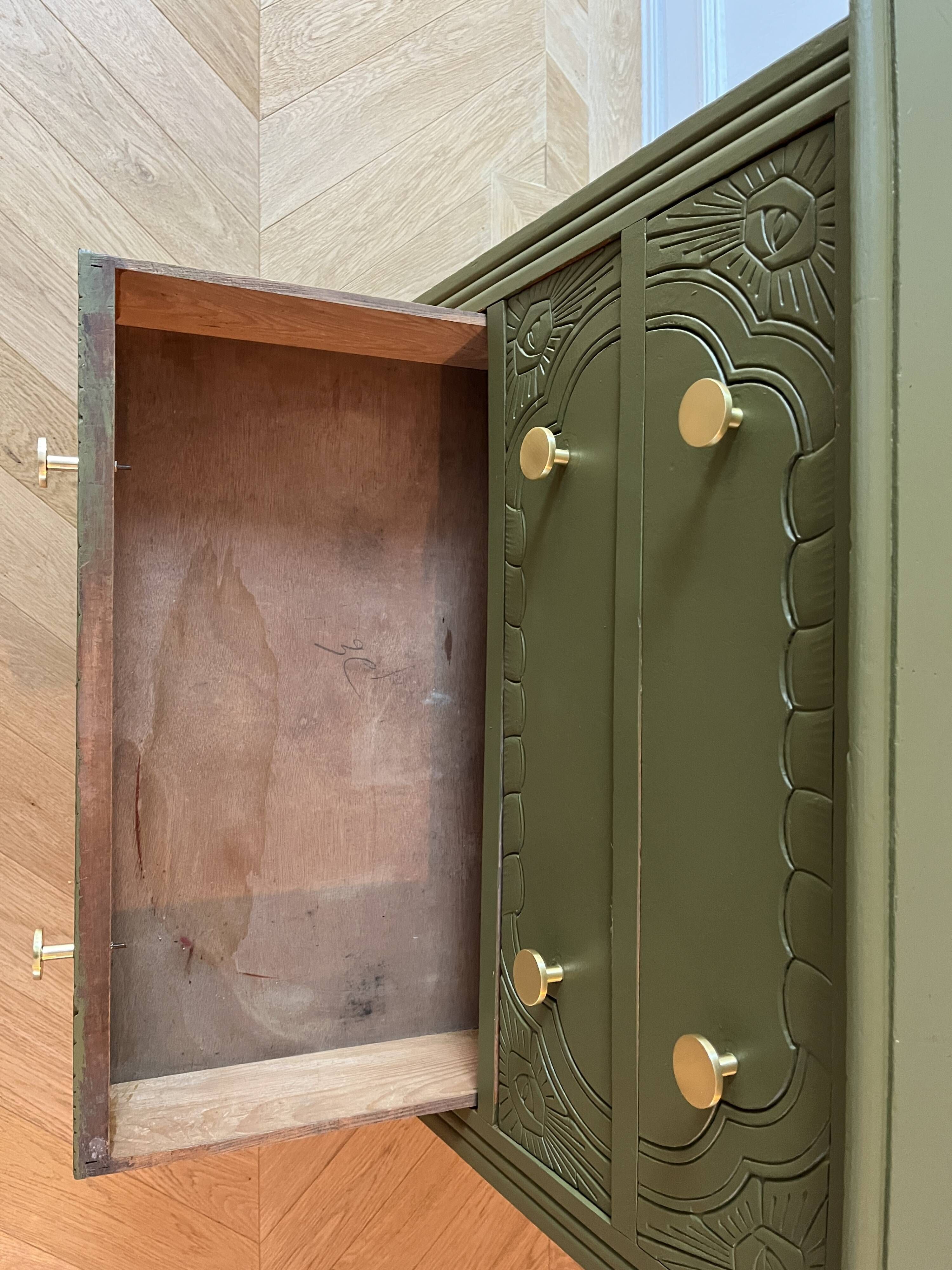 Art Deco chest of drawers - woody green - gold handles