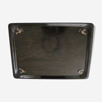 Serving tray wood varnished black  XX th decor with cocks
