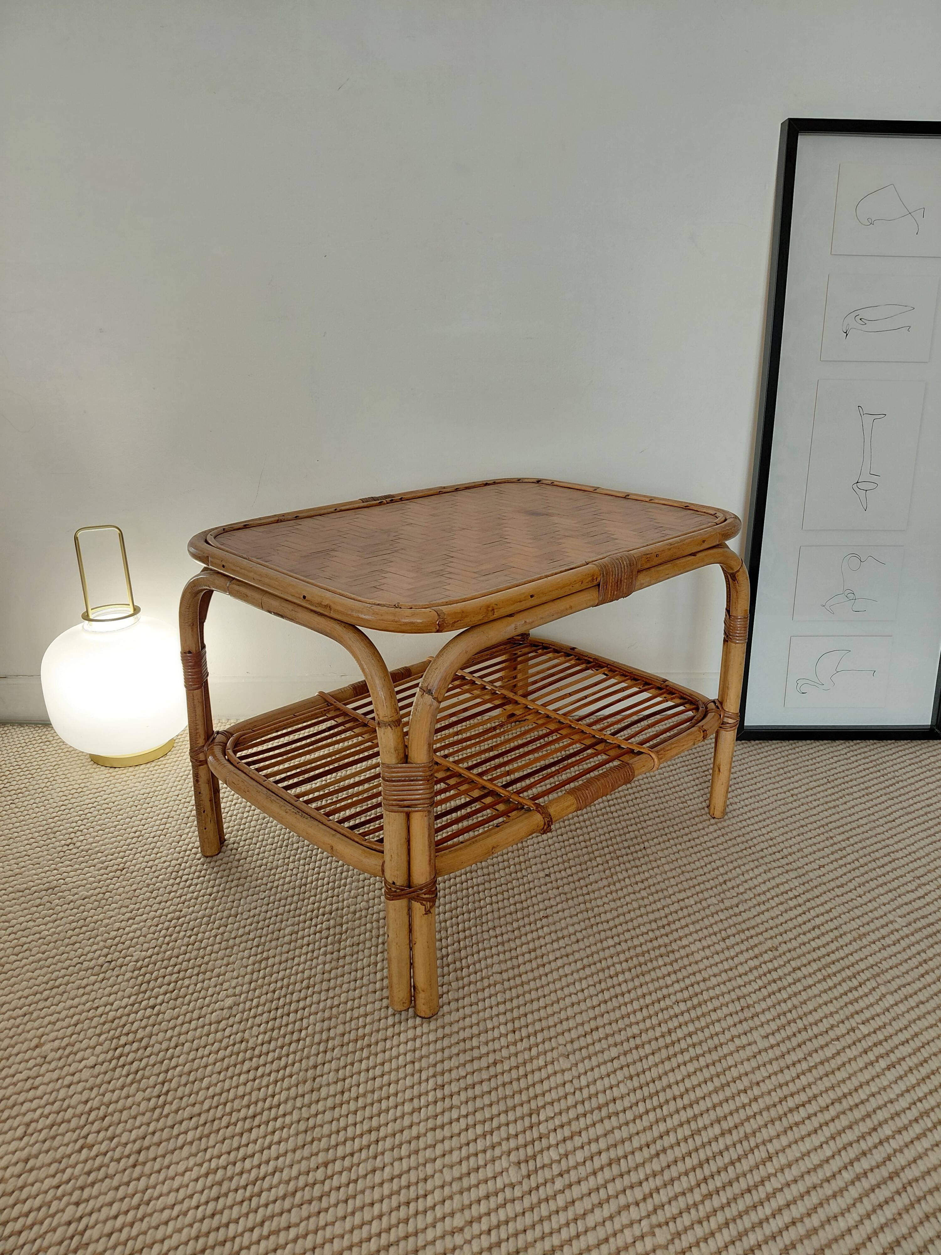 Vintage coffee table / side table in rattan and bamboo – 1960s