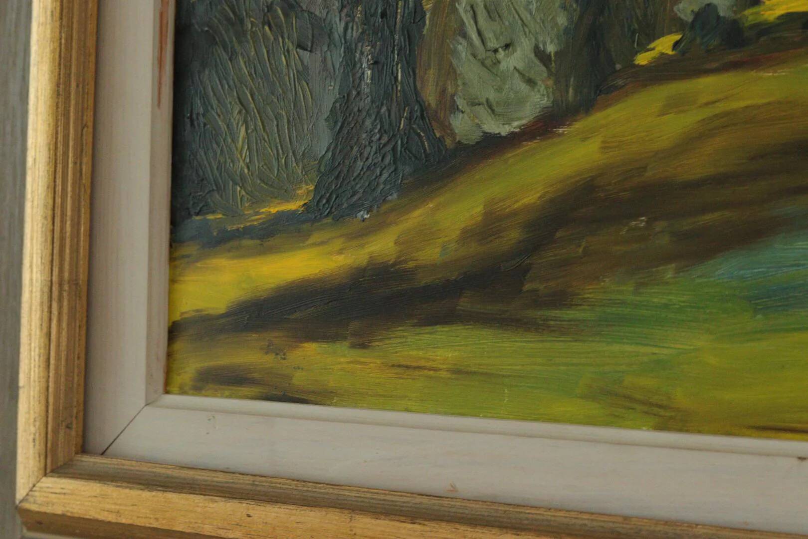 Huile sur panneau suédoise, "Lever de soleil dans un paysage de parc" par Gustaf Forsberg