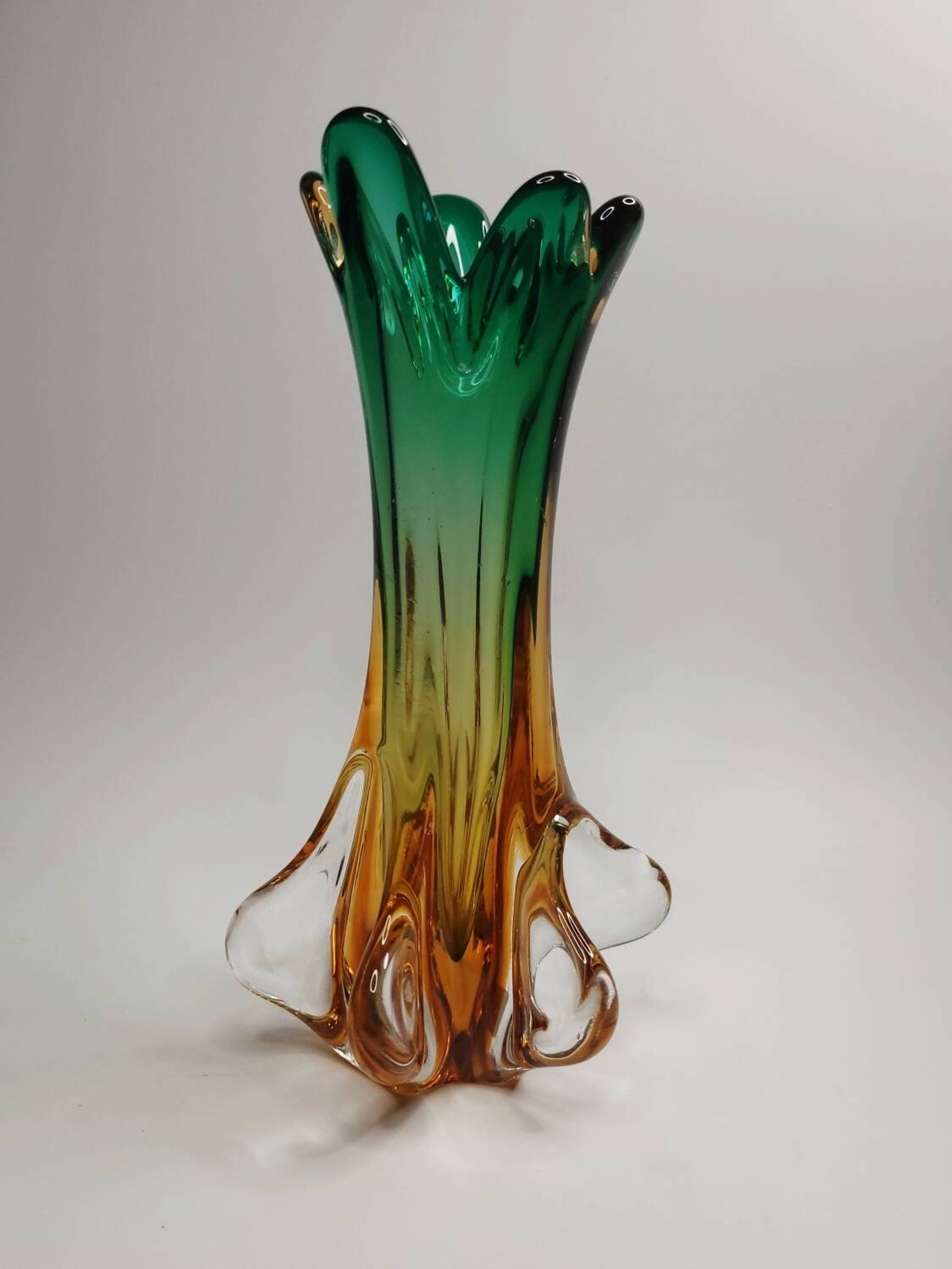 Artistic glass vase in green and amber shades – 1960s/70s