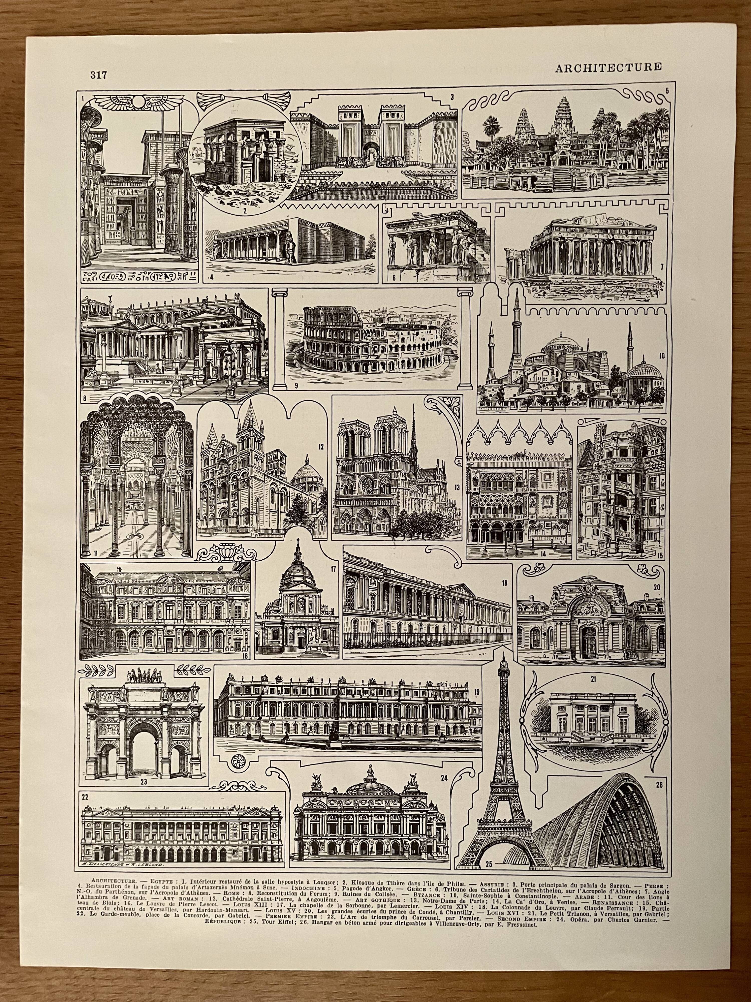 Lithograph engraving on the architecture of 1928