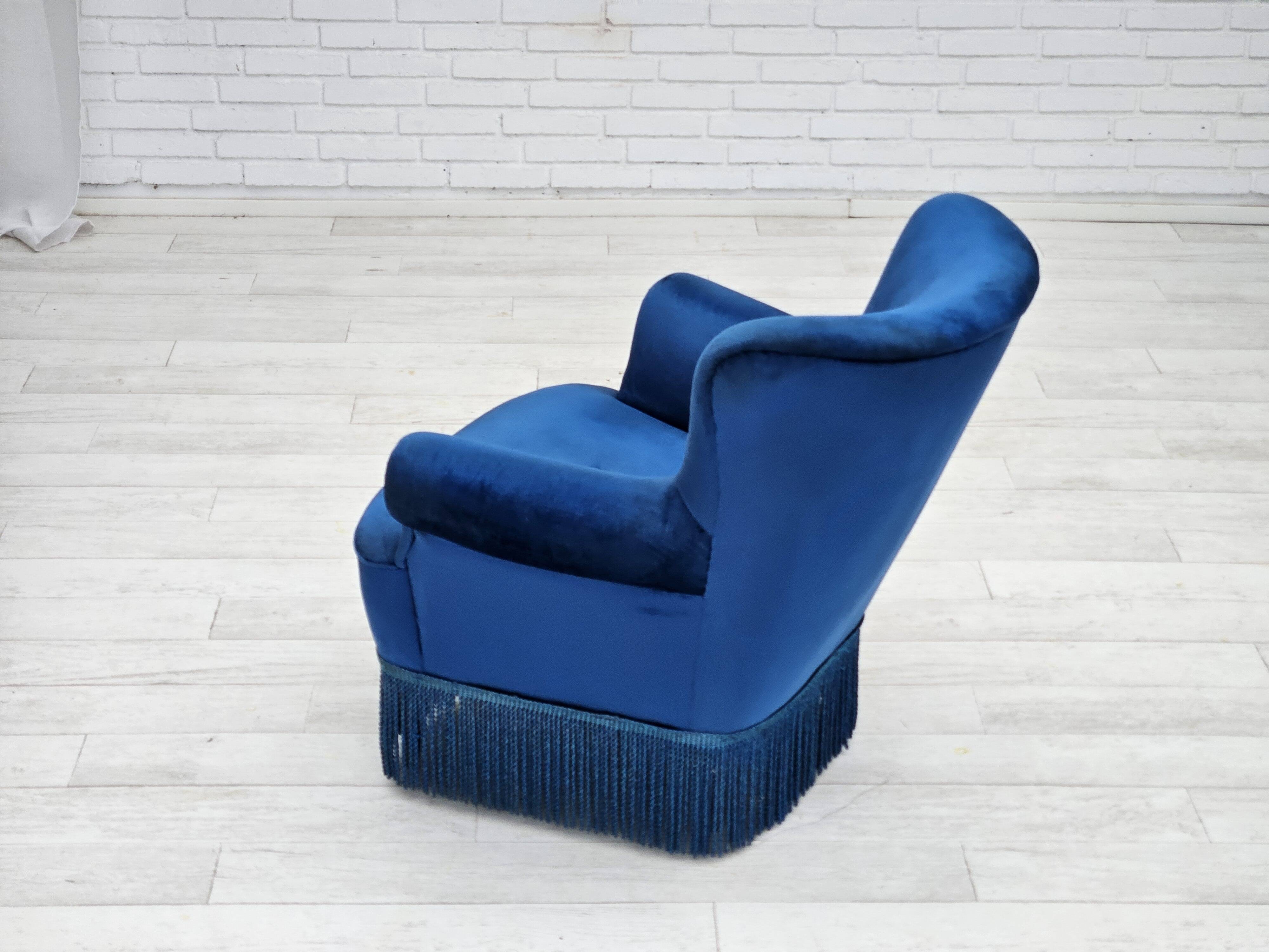 1960s, Danish lounge chair, blue furniture velour, beech wood legs.