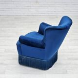1960s, Danish lounge chair, blue furniture velour, beech wood legs.