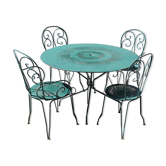 Salon de jardin vert fer forgé table deux chaises et deux fauteuils