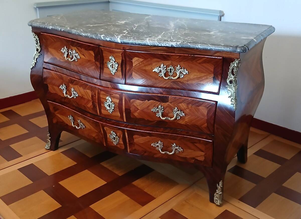 Louis XV period commode with tomb-like shape, stamped Léonard Boudin 1735-1807, 18th century