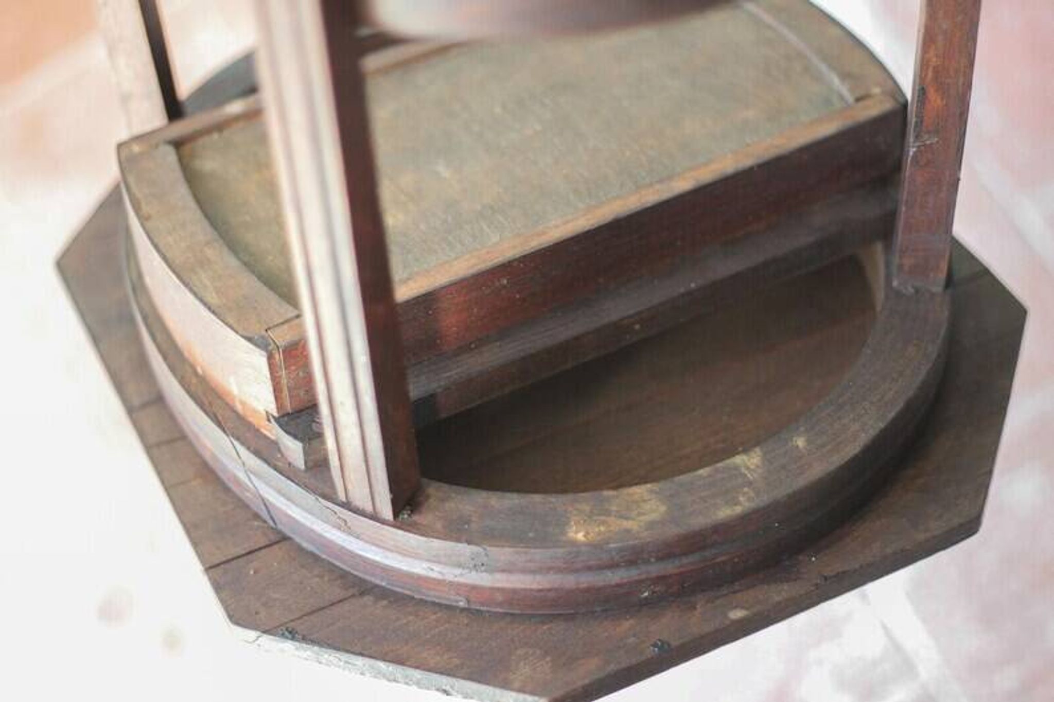 Wooden drawer table or 19th-century work table with a curved wooden stretcher, in the style of Thonet, circa 1900-1920.