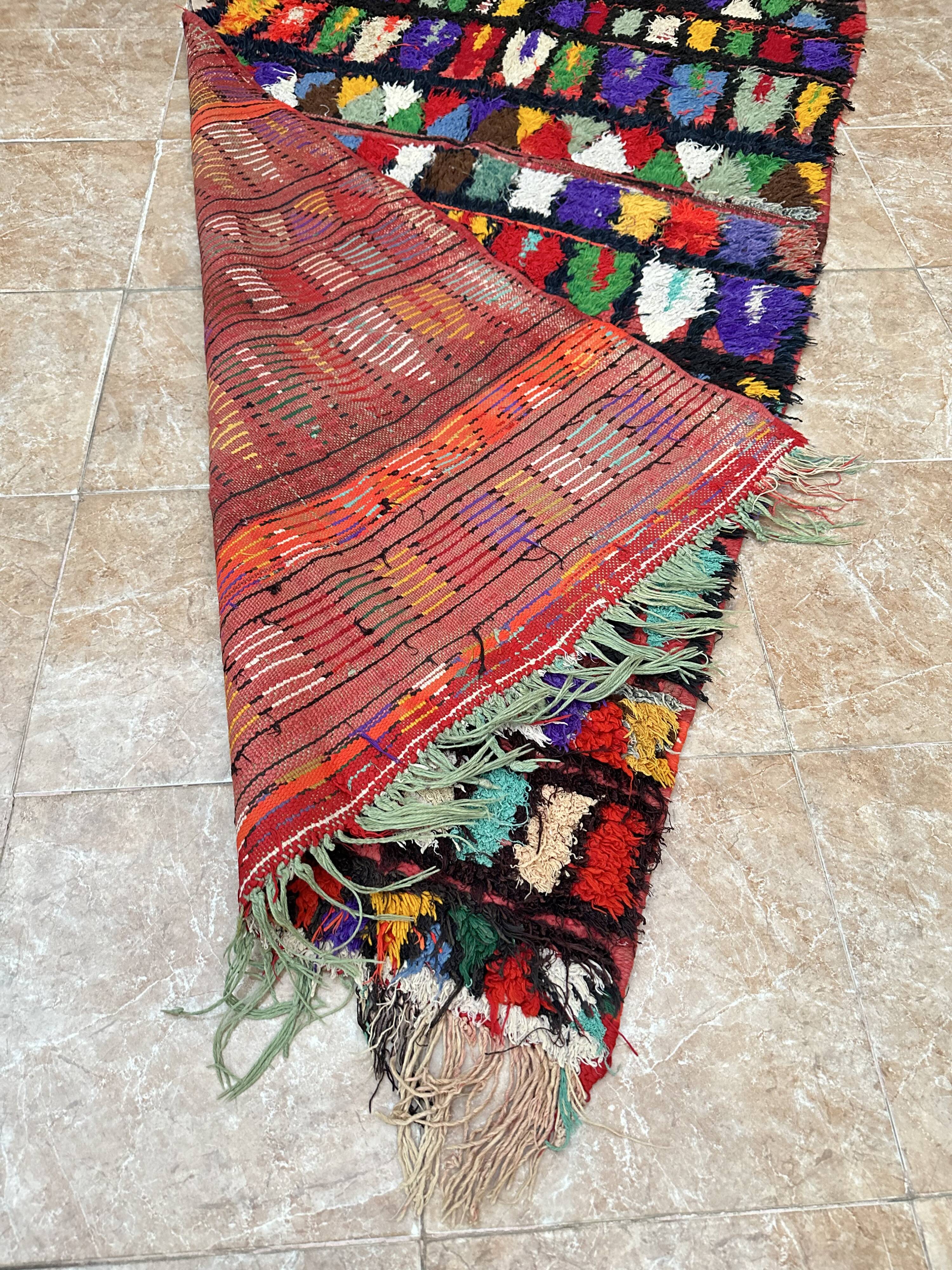 Vintage Moroccan Boujaad rug: Small abstract red Boucherouite rug.