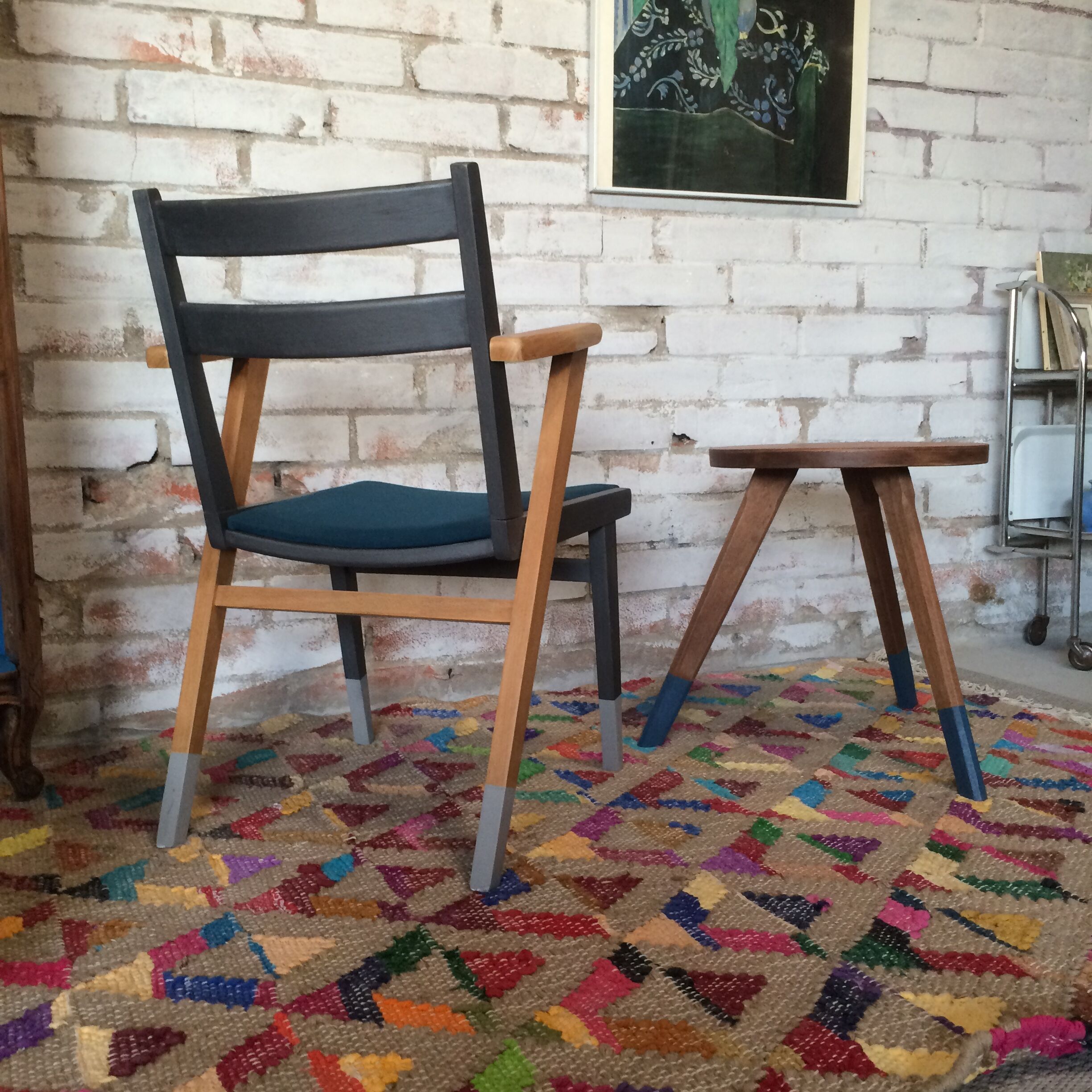 Fauteuil bridge scandinave vintage des années 50 bleu pétrole et gris