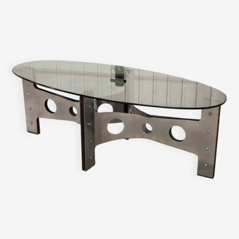 Oval coffee table 1970 feet metal and wood smoked glass