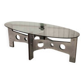 Table basse ovale 1970 pieds métal et bois verre fumé
