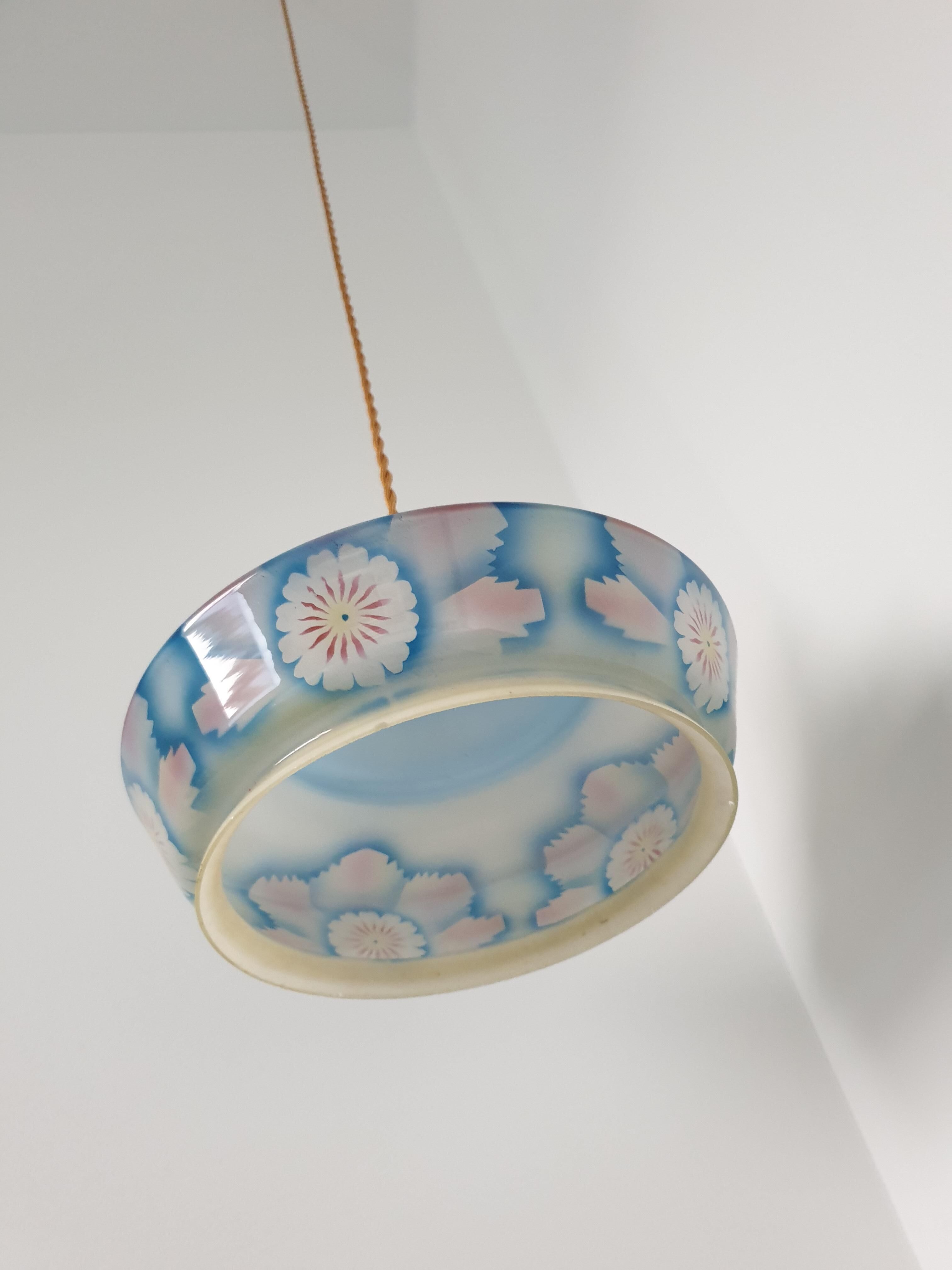 Blue opaline and pink flower pendant light