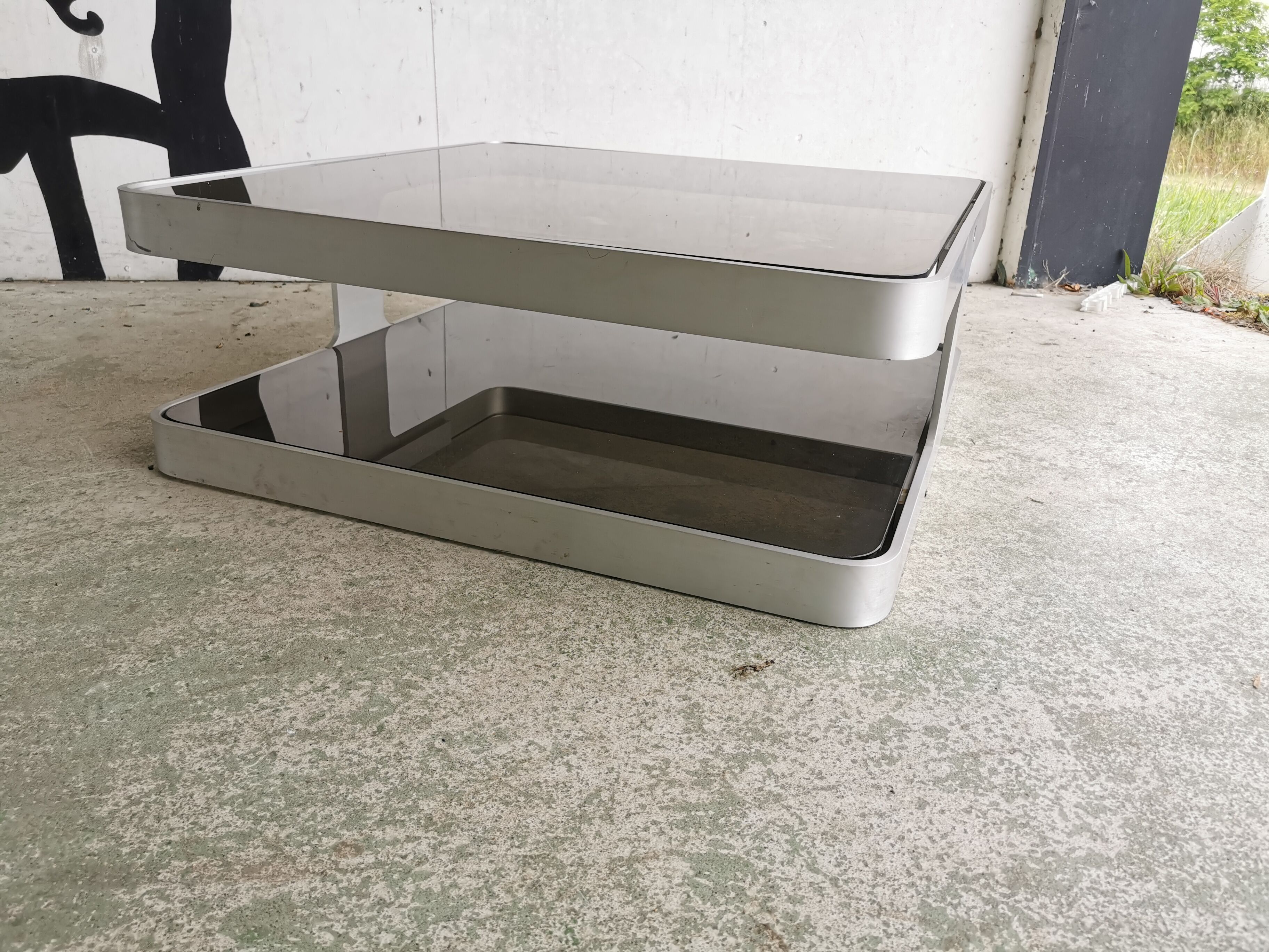 Vintage coffee table design 1970's brushed aluminum