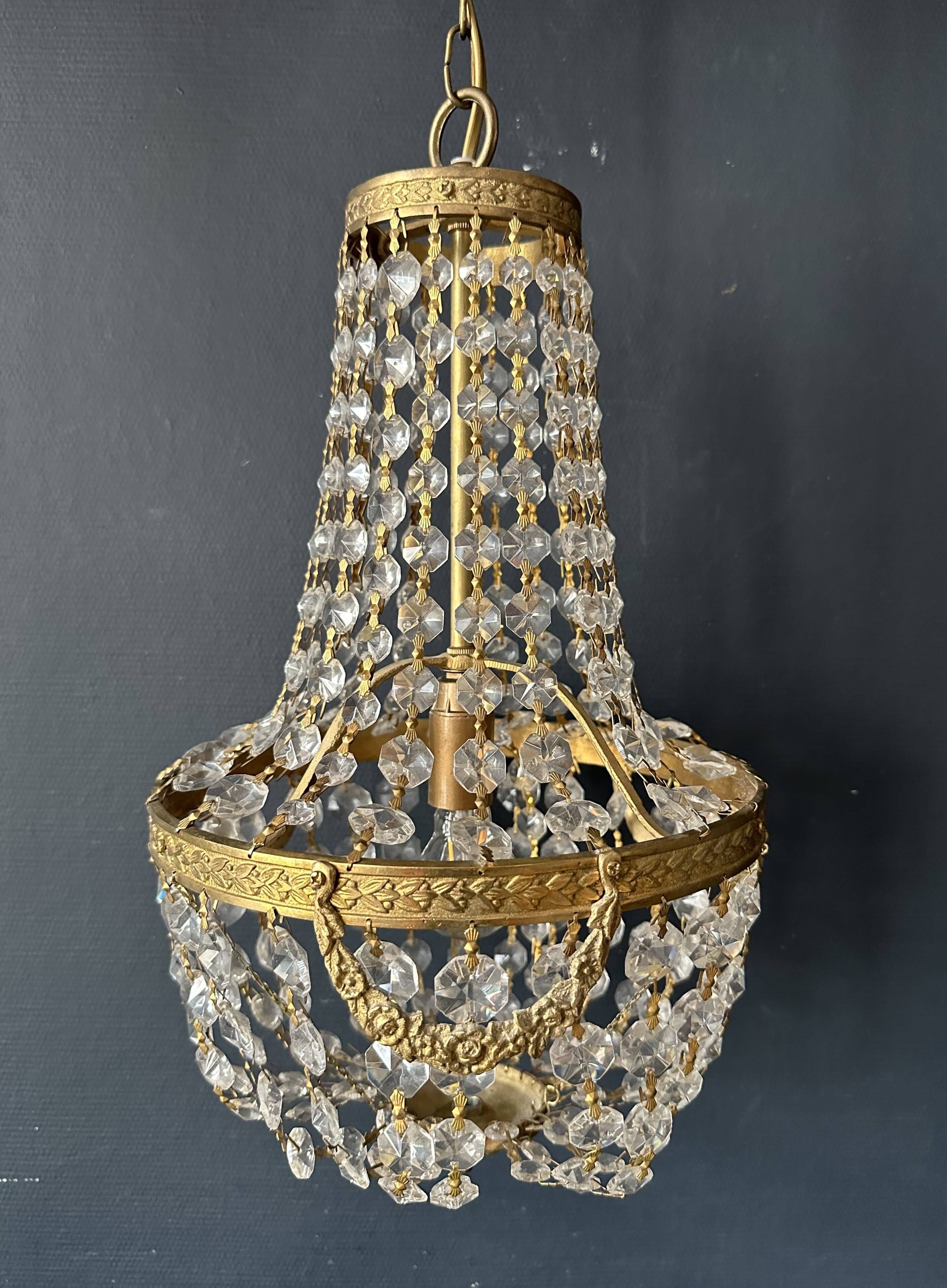 Golden bronze hot air balloon chandelier with glass pendants, mid-20th century.