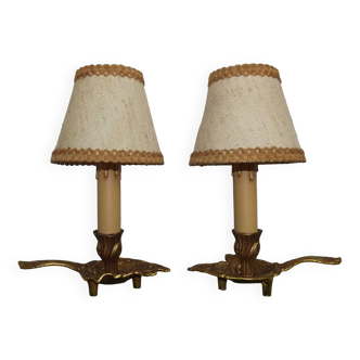 Pair Vintage French Bronze Wee Willie Winkie Lamps Fabric Shades 4786