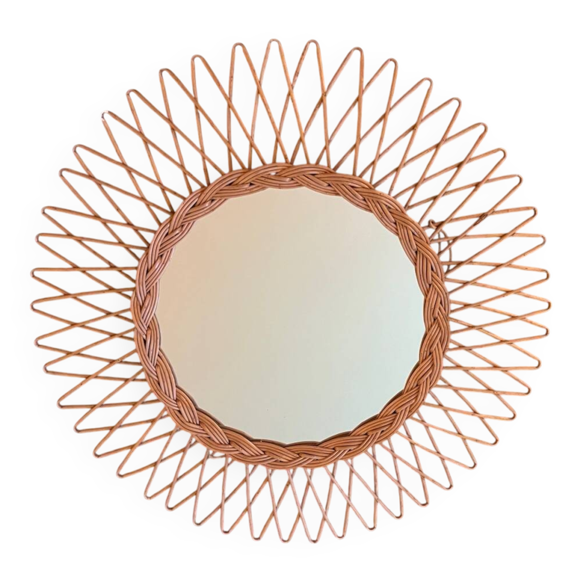 Round wicker mirror from the 1960s.