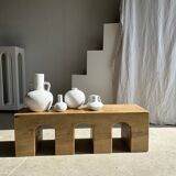 Solid monoxyl wood bench with carved 3-arch base - Natural wood color
