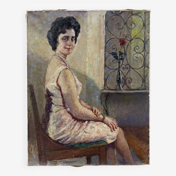 Tableau 1966 "Une femme à sa fenêtre"