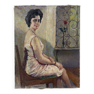Tableau 1966 "Une femme à sa fenêtre"