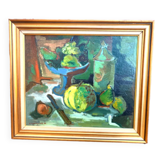 Marcel Cramoysan.XXeme.nature morte .huile sur isorel signée et datée 1946