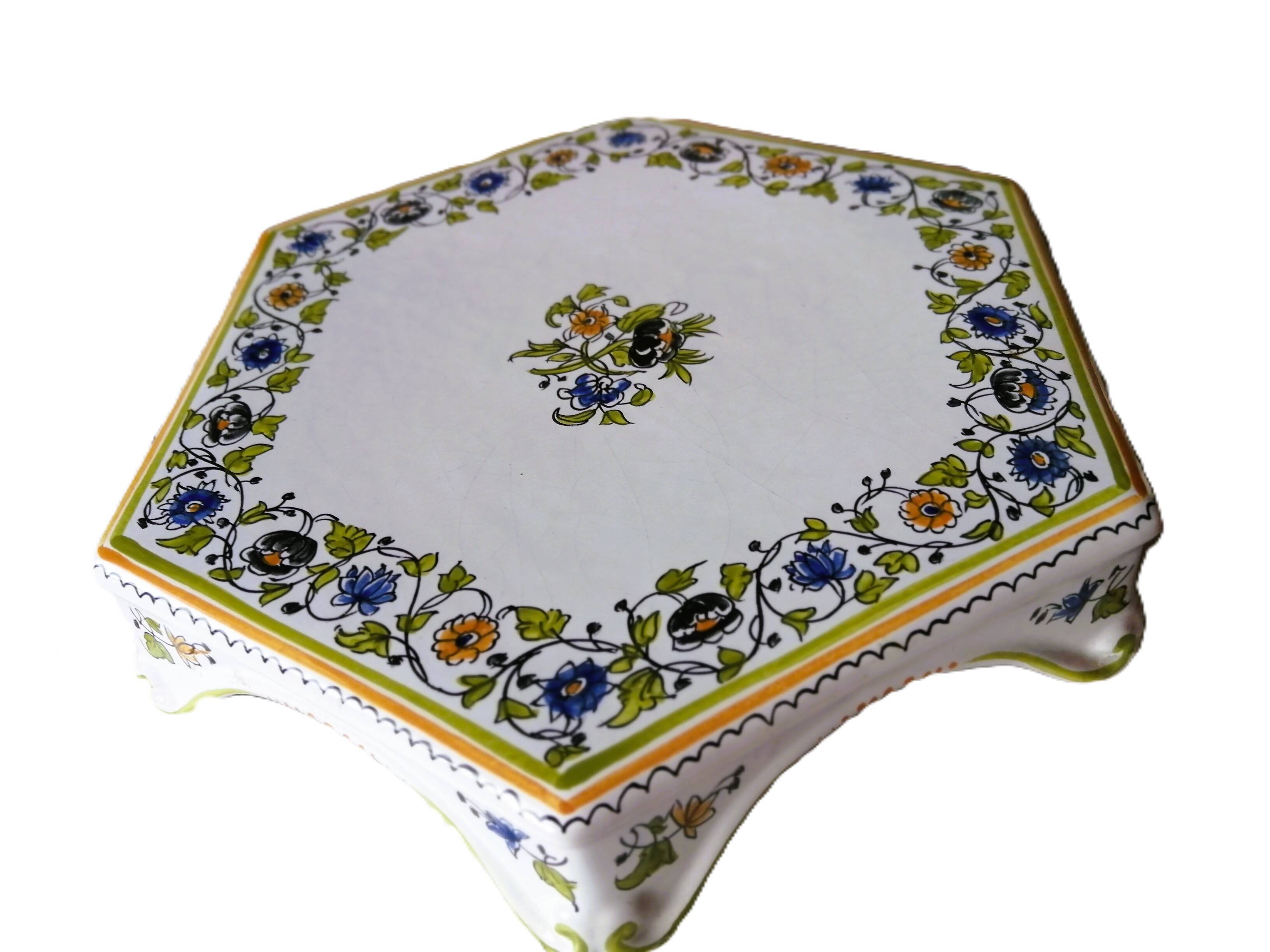 Hand-painted flat dish decorated in the Moustier style.