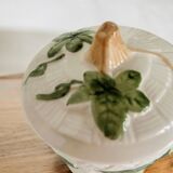 Sugar bowl in barbotine with leaf and green fruit motifs in relief