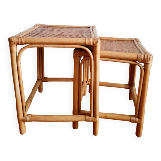 Tables gigognes en rotin vintage 1970
