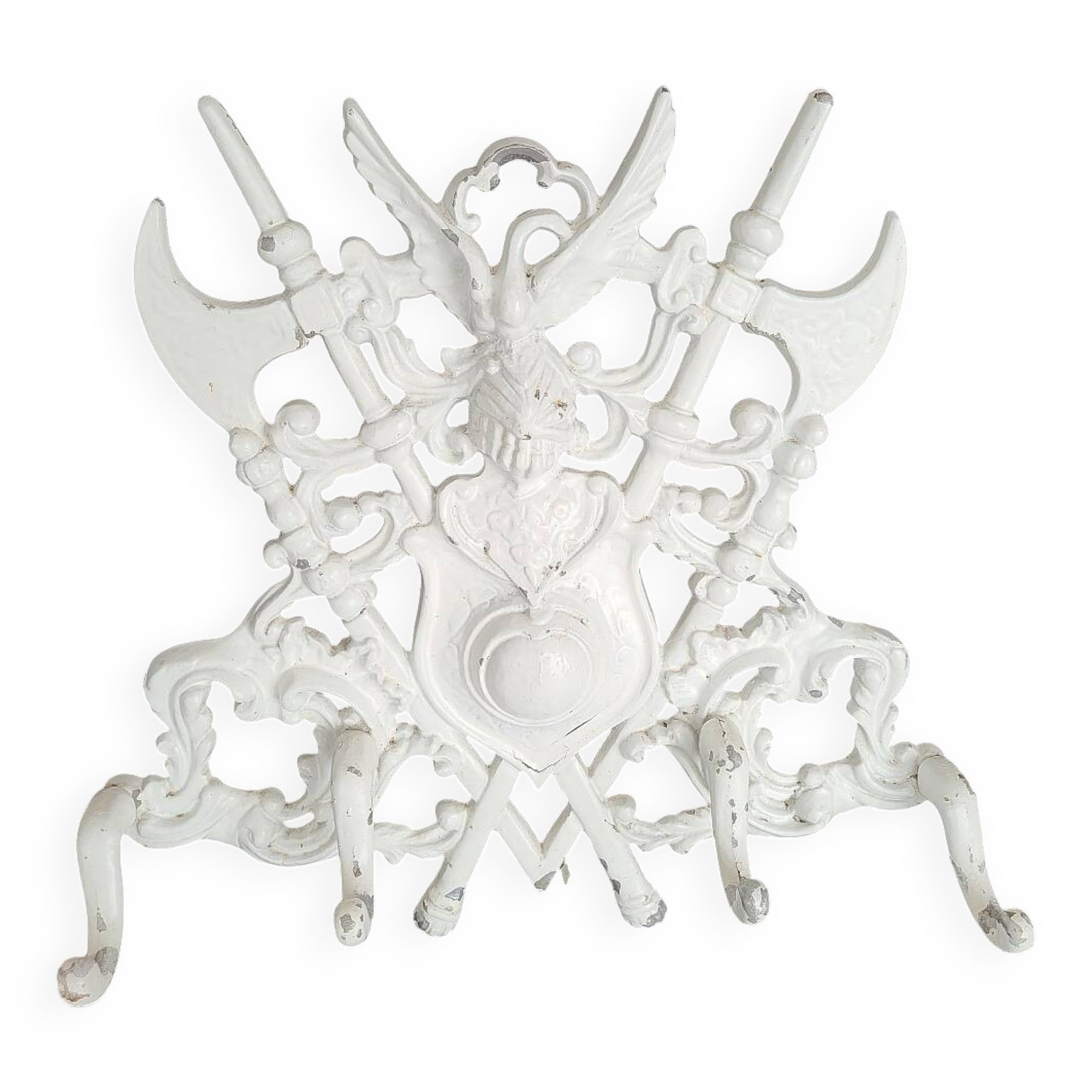 Porte-manteau mural vintage à 4 crochets en aluminium moulé, orné d'héraldique.