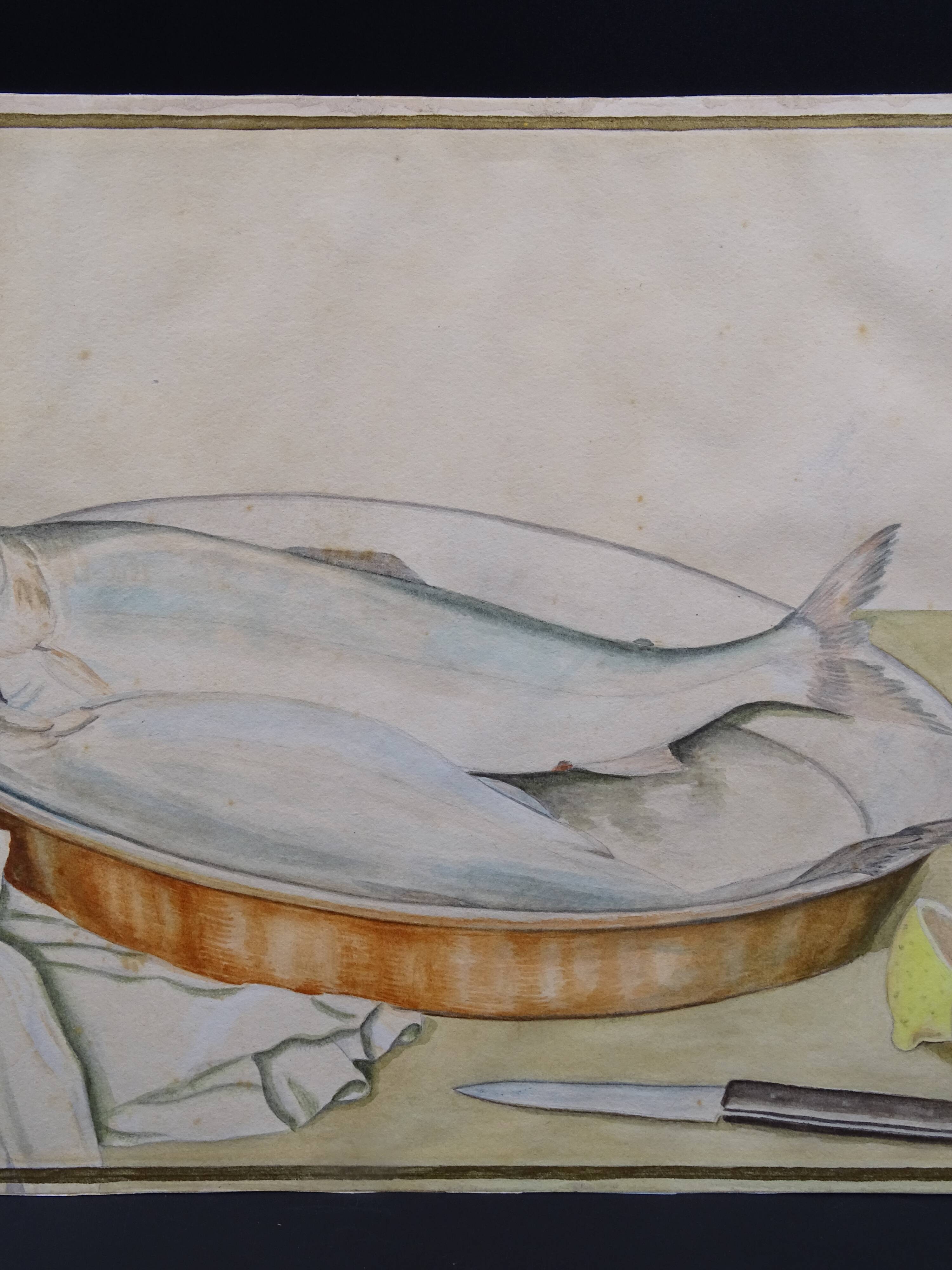 Still life with Pisces, lemon and knife by Louis Chavannes - Watercolor dated 1945