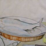 Still life with Pisces, lemon and knife by Louis Chavannes - Watercolor dated 1945