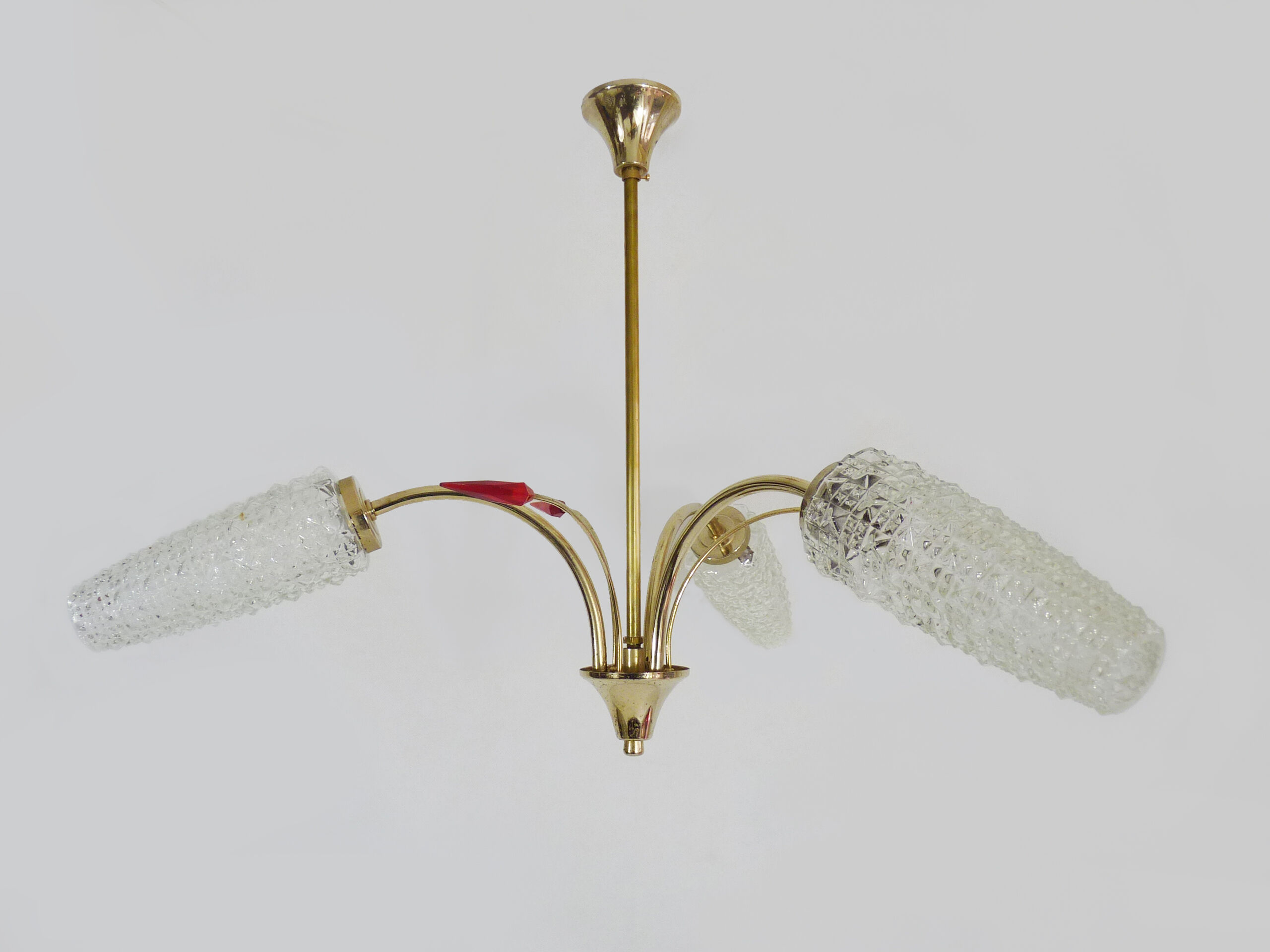 Old 3-branched chandelier, 3 red arrows, brass and diamond glass tubes. Year 60