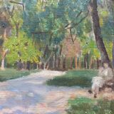 Tableau "Dans le Parc" paysage animé impressionniste J. Toussaint 1883
