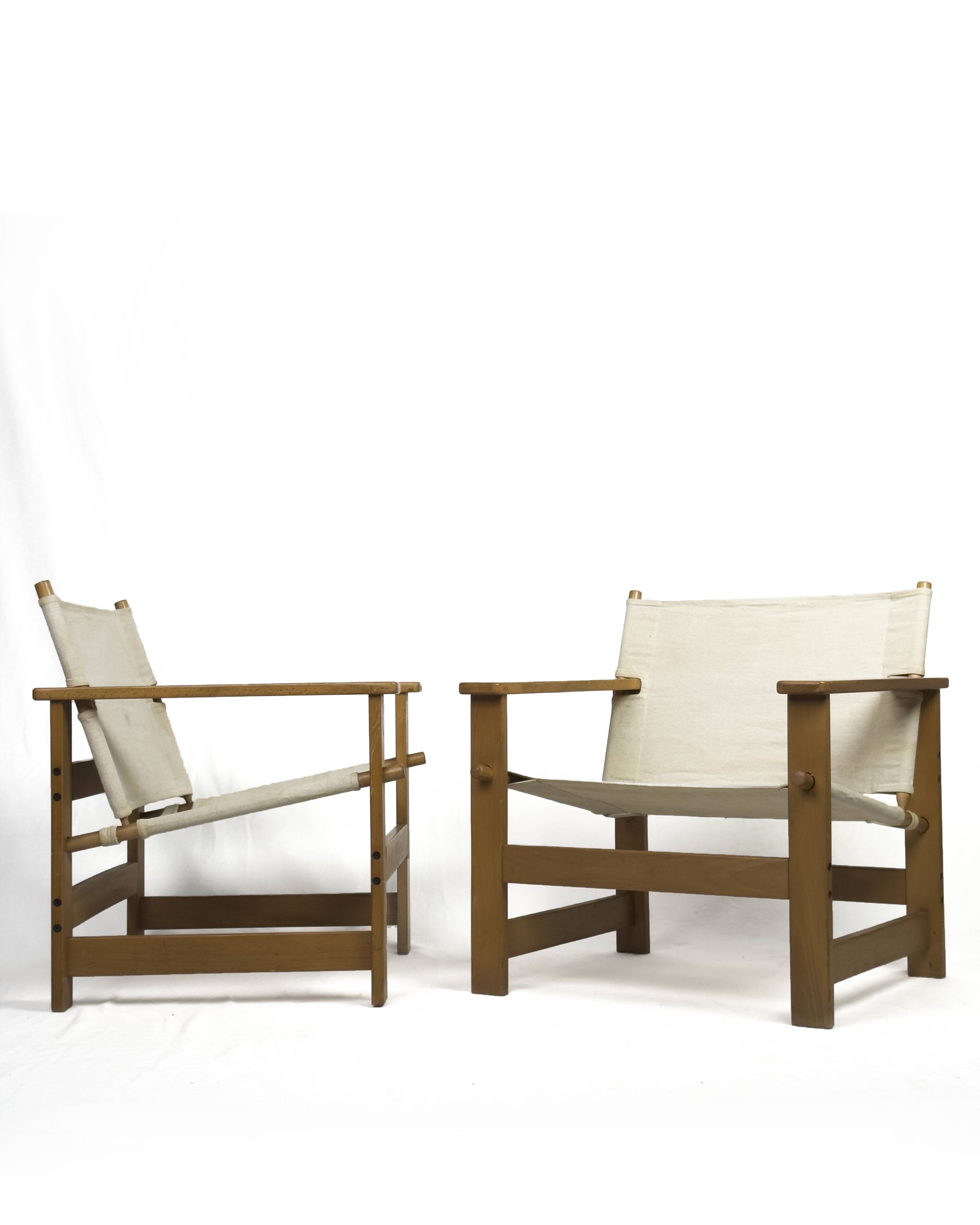 Pair of Vintage Safari Lounge Chairs in Canvas & Wood, 1970s