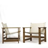 Pair of Vintage Safari Lounge Chairs in Canvas & Wood, 1970s