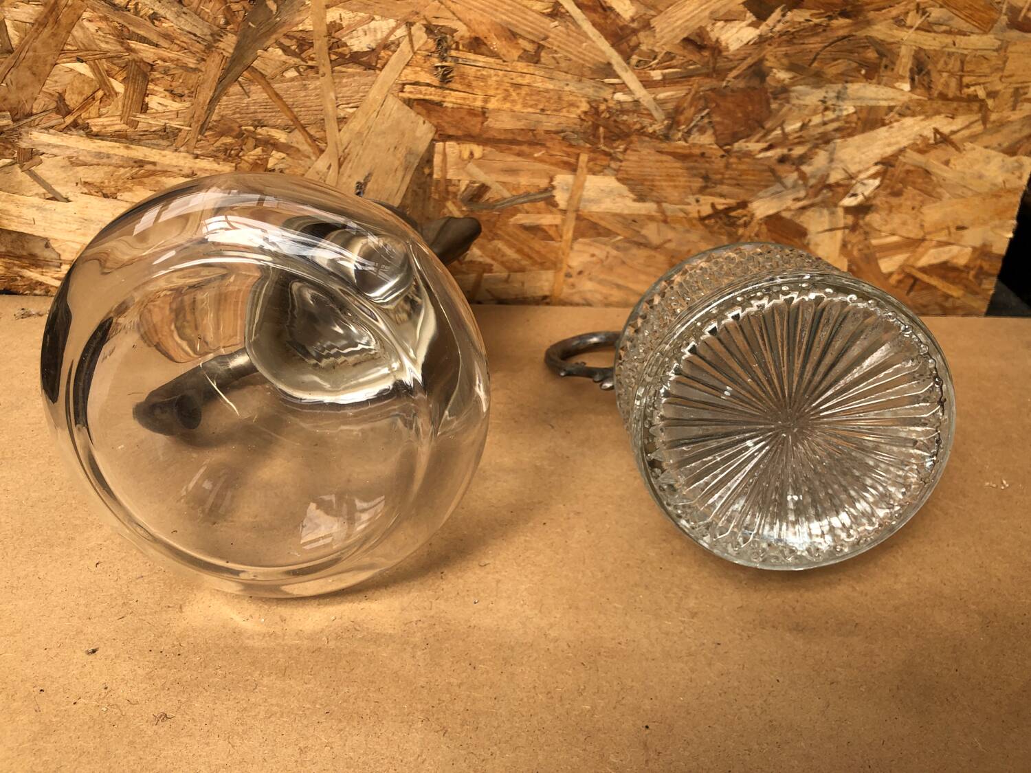 Pair of cast glass & vintage metal refresher pitcher