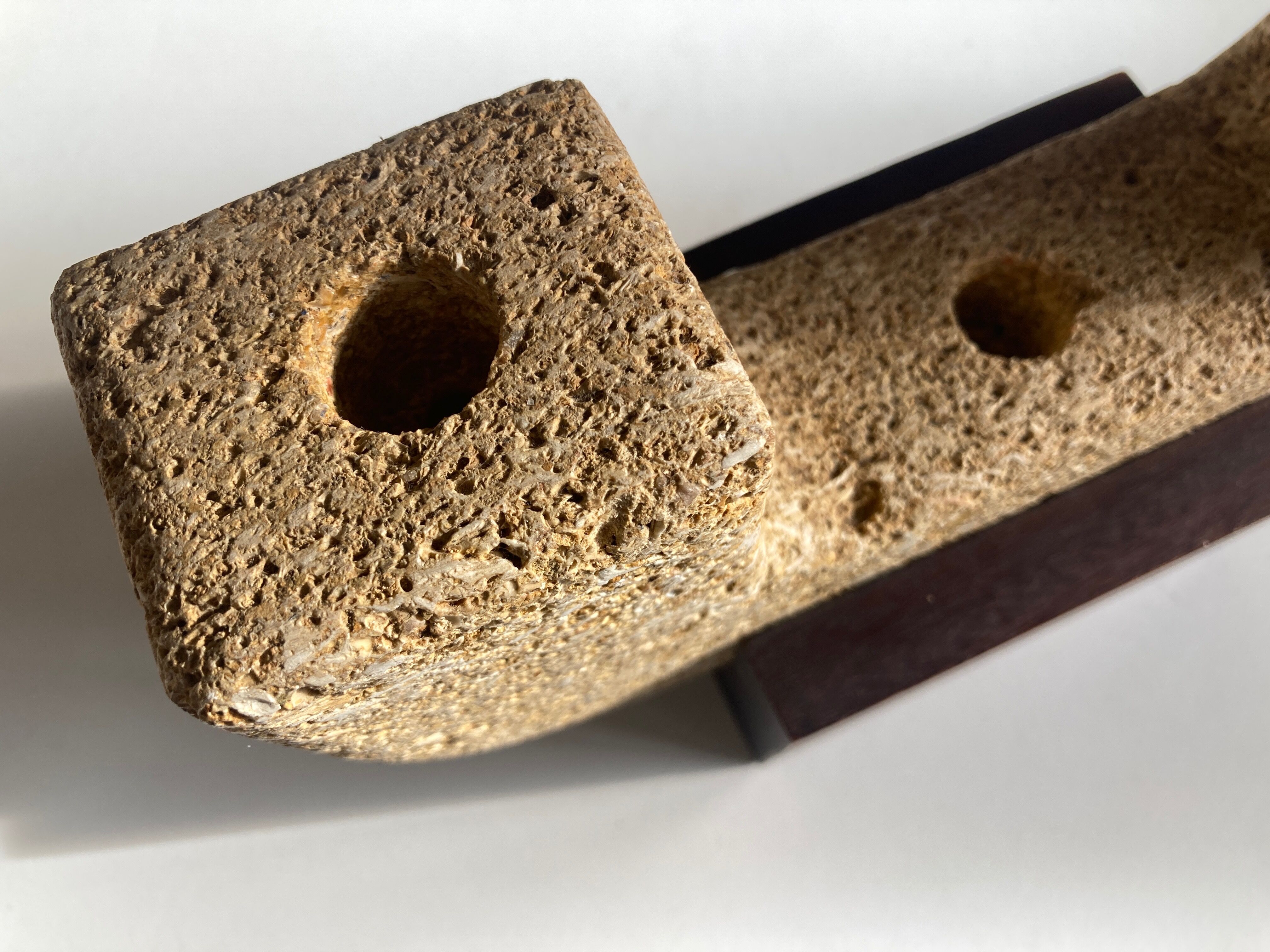 Brutalist XXL candle holder in stone and wood from the 1970s.