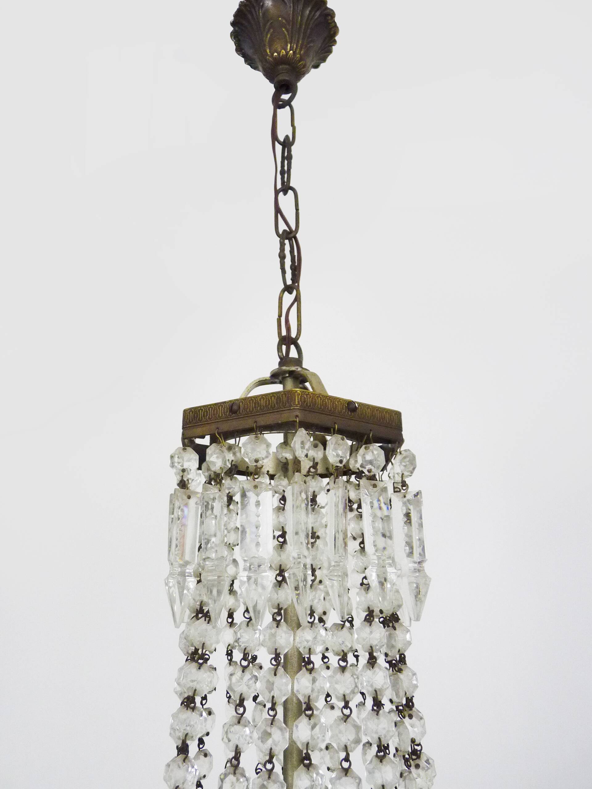 Old large 3-light hot air balloon chandelier in bronze, glass pendants.