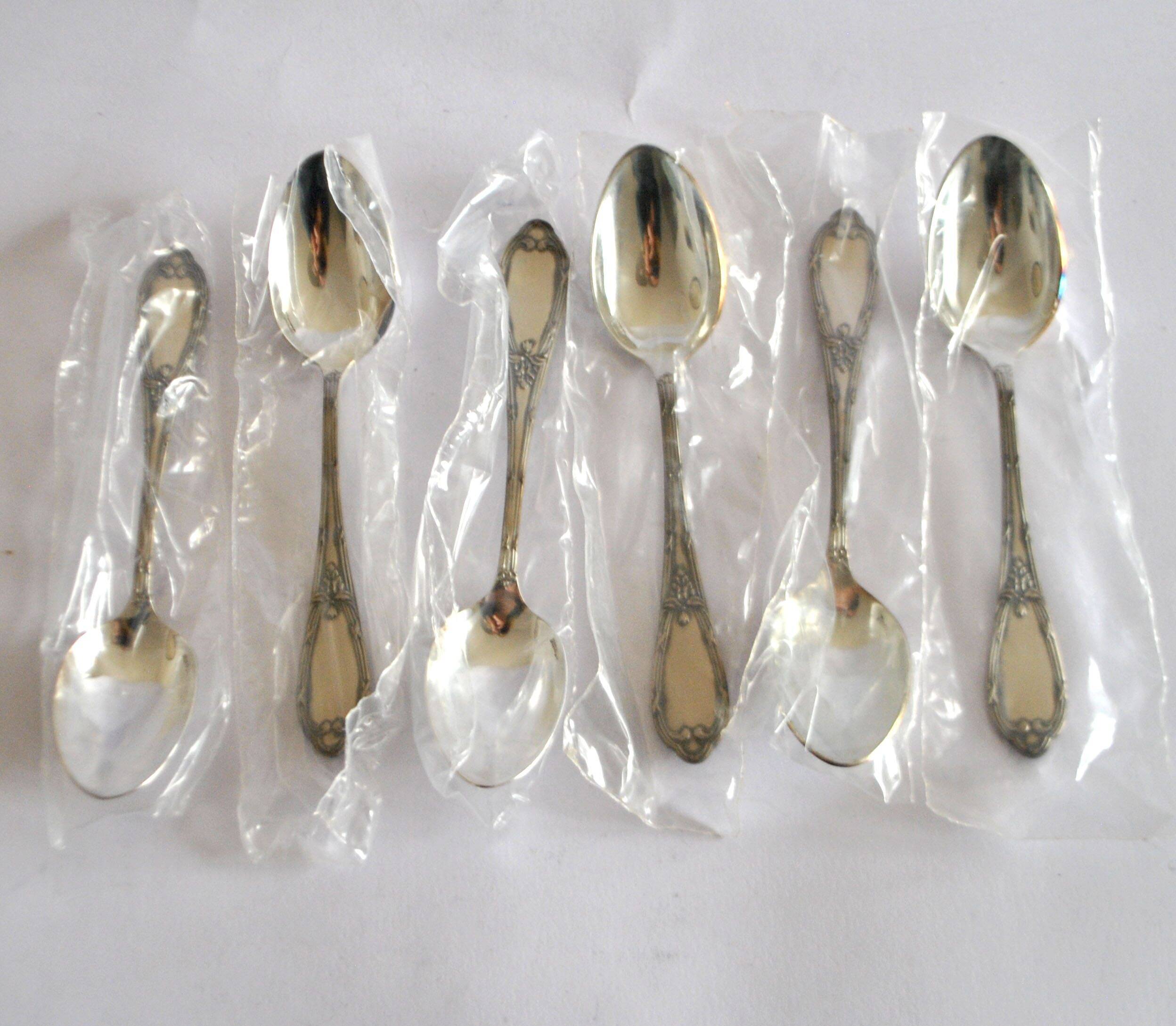 DEETJEN set of 6 silver-plated metal teaspoons or dessert spoons with crossed ribbons, new, 14.5 cm