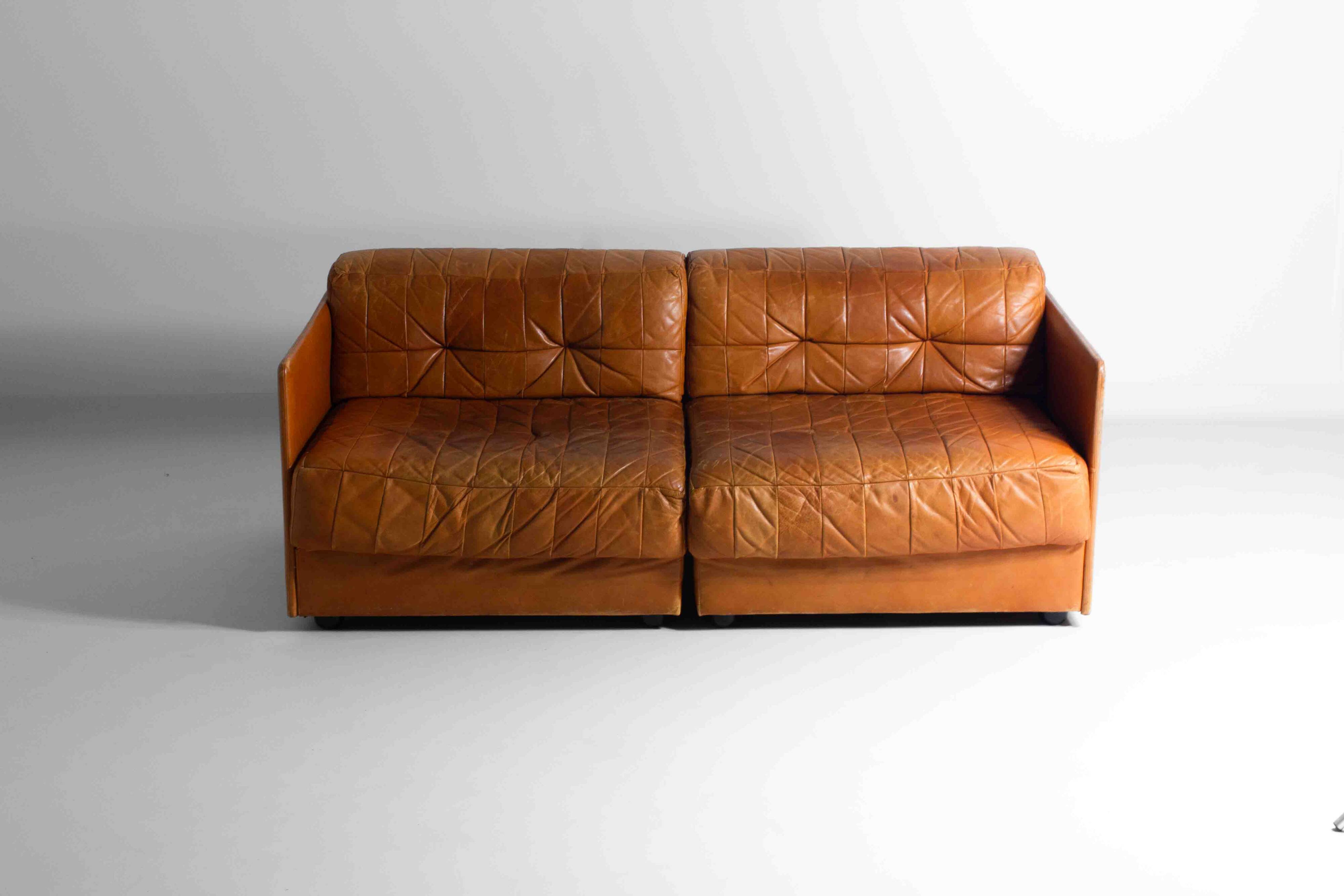 Vintage patchwork leather sofa in caramel leather, Germany 1960s