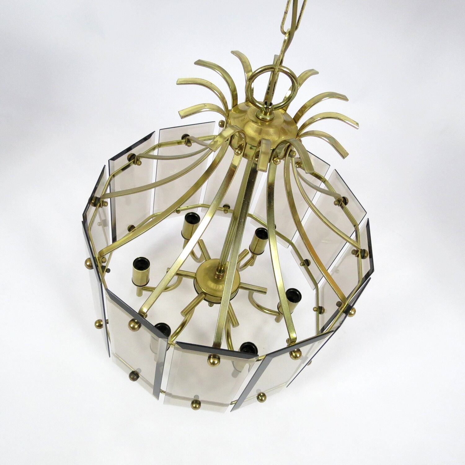Brass and smoked glass chandelier, 1970s